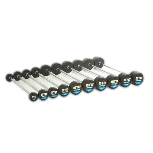 MYO Strength Rubber Barbell with PU End Caps – 10kg – 50kg Straight (10 Bar Set)